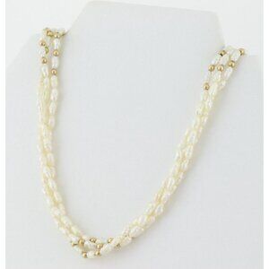 14k Yellow Gold Rice Pearl Gold Bead Three Strand Long 30" Necklace